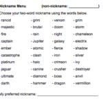 A list of "cool" words that students can use to make their nickname