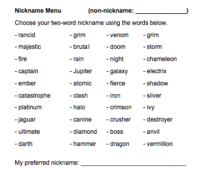 A list of "cool" words that students can use to make their nickna...