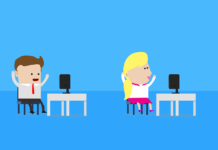 Cartoon of a male and female employee in a workspace, happy at their respective desks