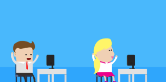 Cartoon of a male and female employee in a workspace, happy at their respective desks
