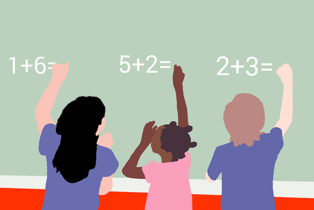 Illustration of three students doing maths at a chalkboard