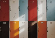 A row of multi-coloured lockers.