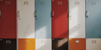 A row of multi-coloured lockers.